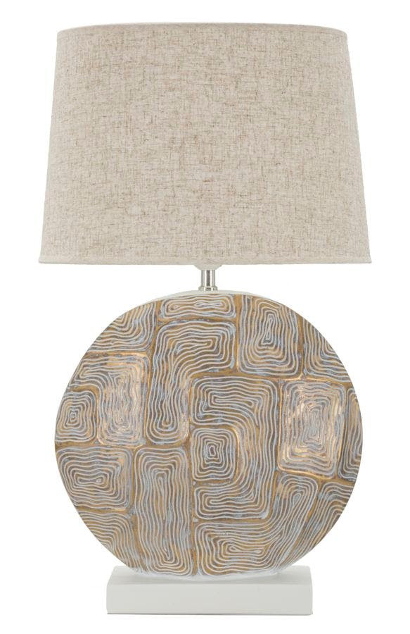 Lámpara de mesa de resina con pantalla beige y motivos geométricos