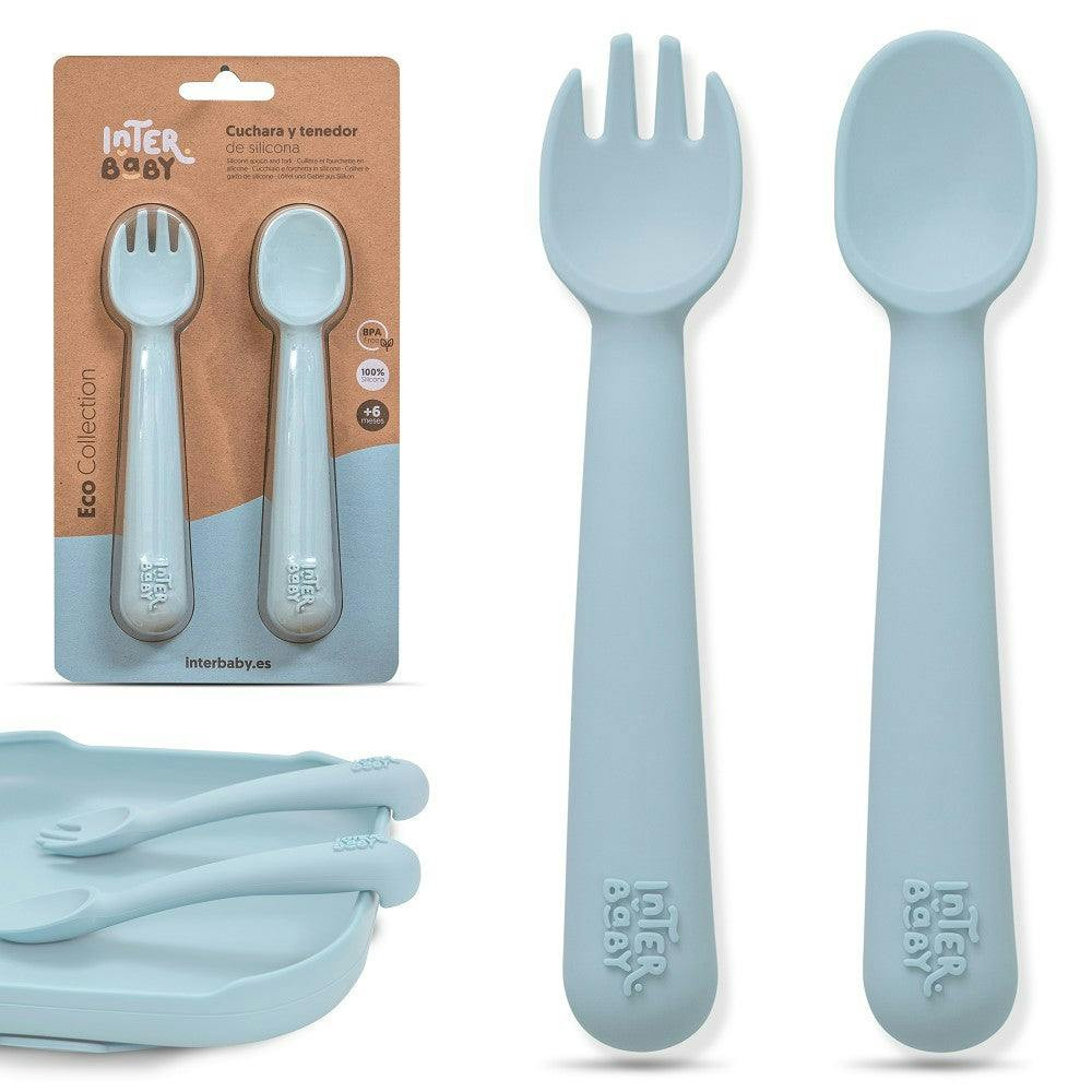 Cuchara y Tenedor de Silicona para Bebé Azul y Gris