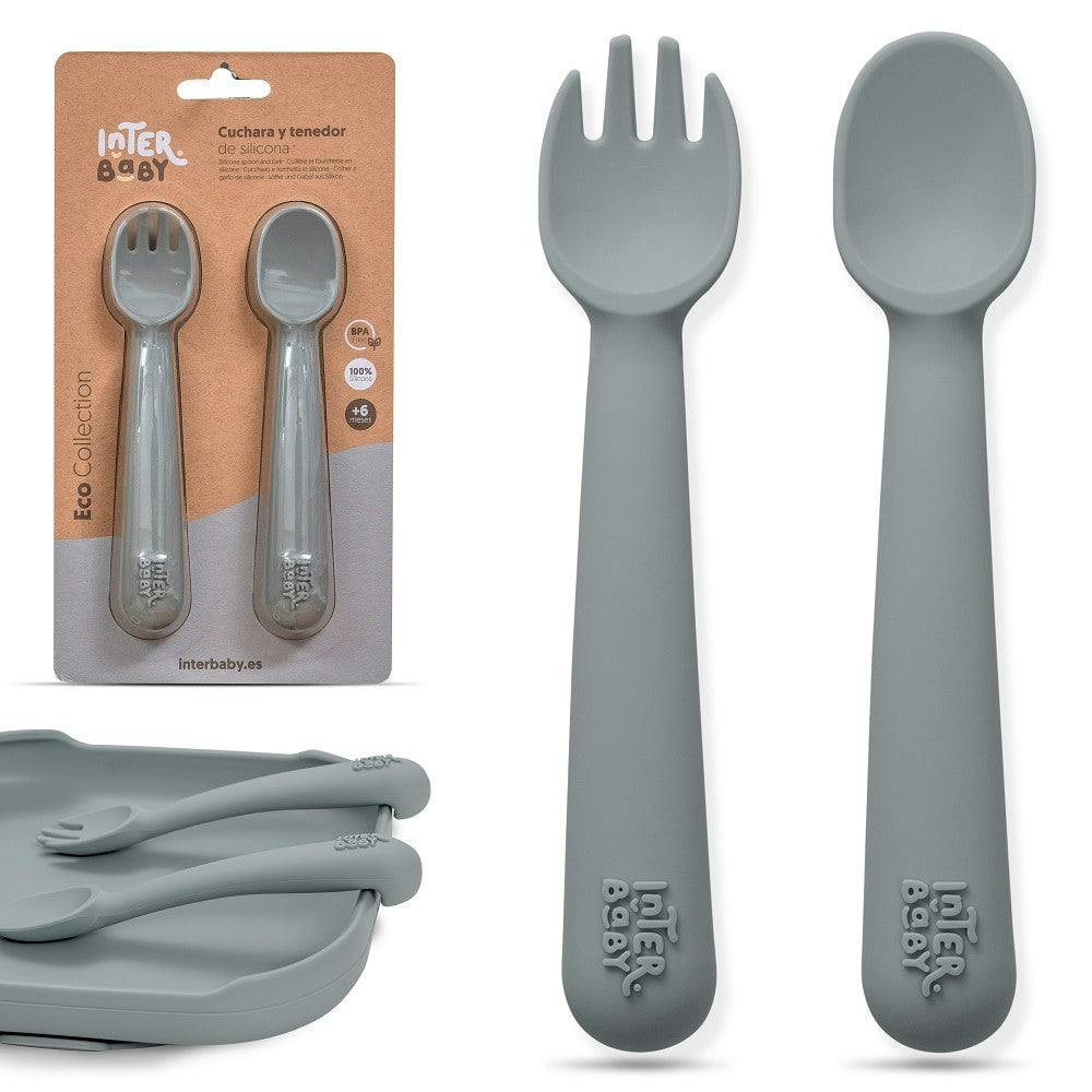Juego cuchara y tenedor silicona gris petróleo