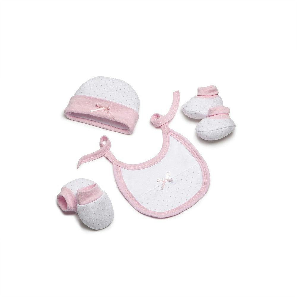 Conjunto de 4 piezas para recién nacido (gorro, manoplas, babero, calcetines) 100% algodón rosa