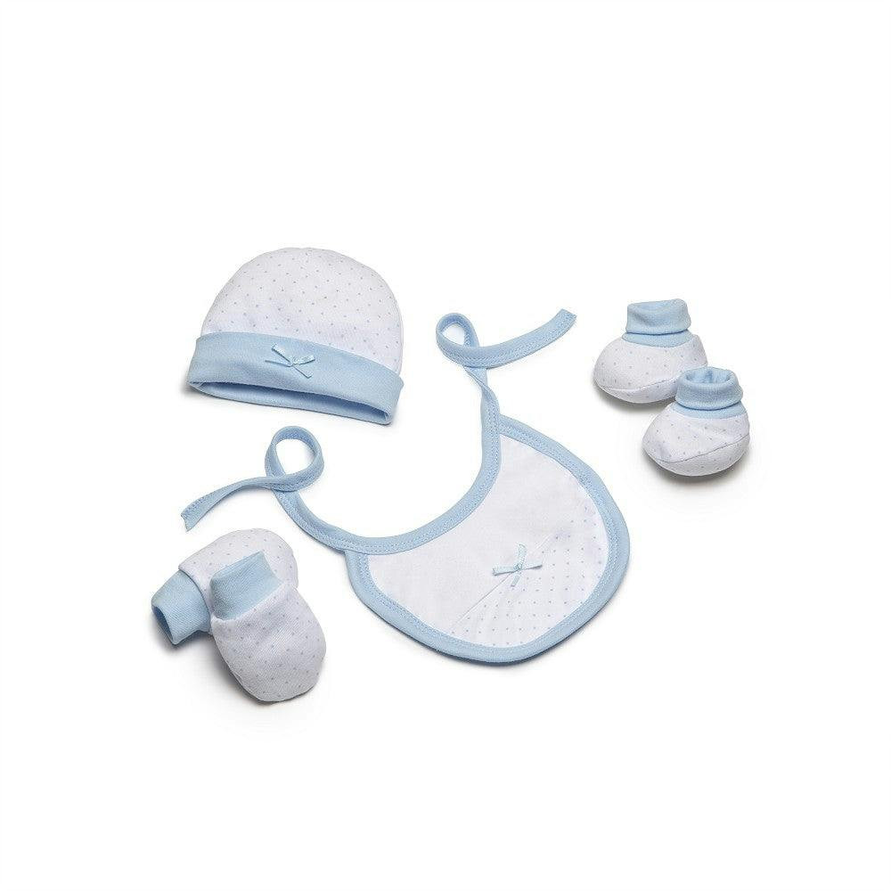 Set de 4 piezas para recién nacido (gorro, manoplas, babero, calcetines) 100% algodón azul