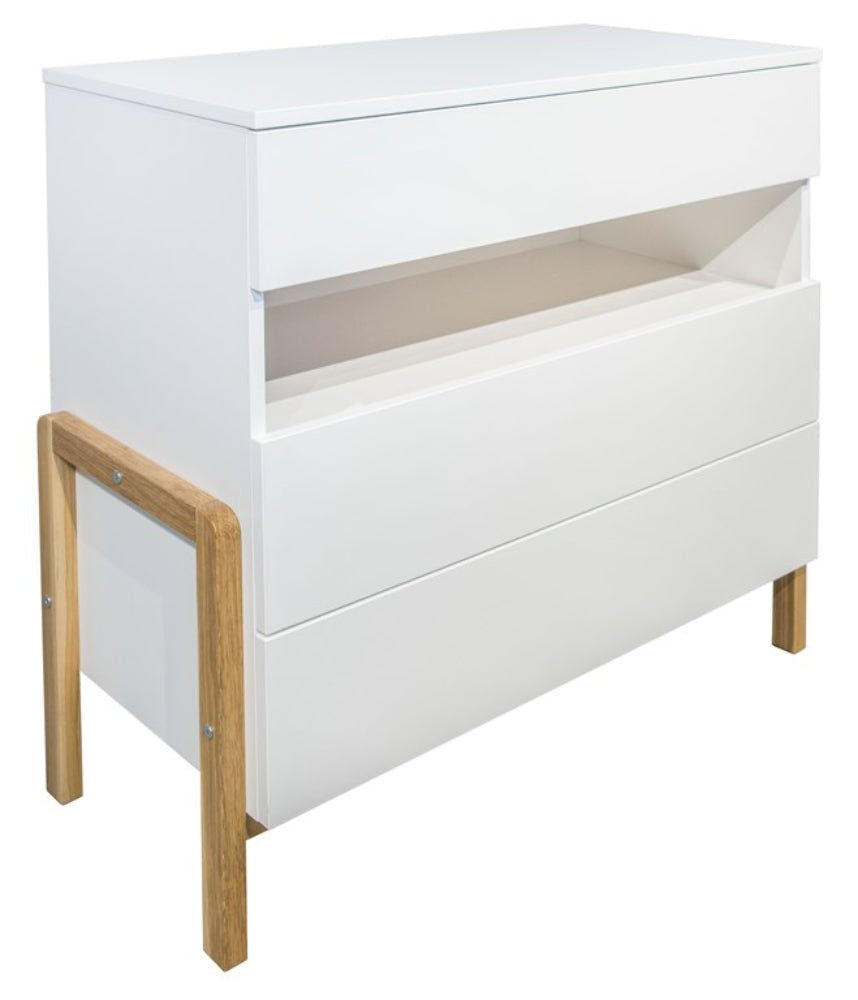 Cómoda Victor en tablero laminado blanco con patas de roble