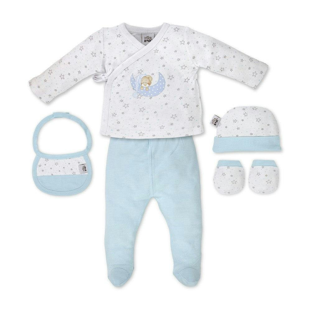 5-piece newborn set (shirt, trousers, mittens, bib, socks) 100% cotton blue