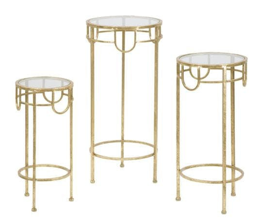 3-piece gold metal side table set with glass tops