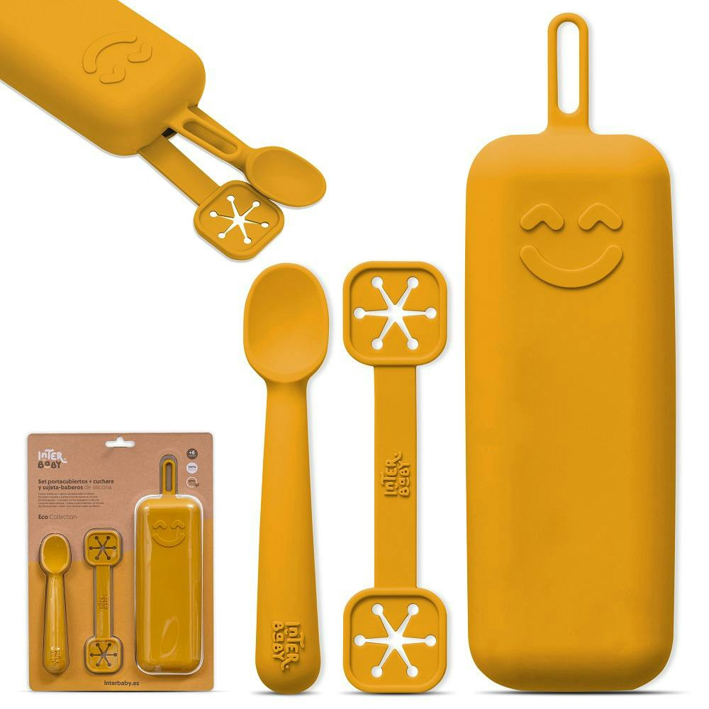 Set porta cubiertos y cuchara con sujetador de babero silicona ocre tierra