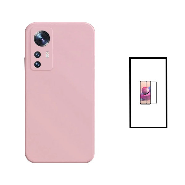 Protector de vidrio templado Full Cover 5D y funda de silicona líquida para Xiaomi 12T Pro - Rosa