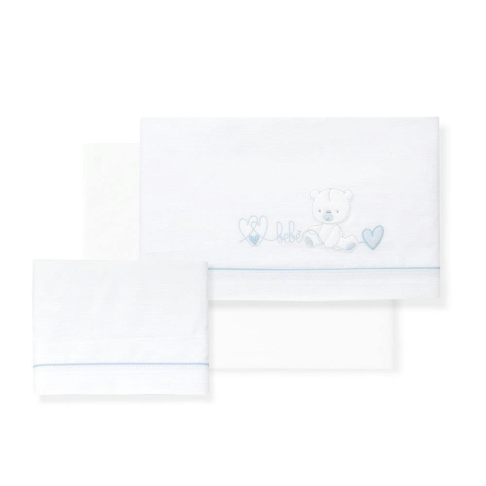 Juego de sábanas de cuna 3 piezas algodón azul con corazón y oso - Interbaby