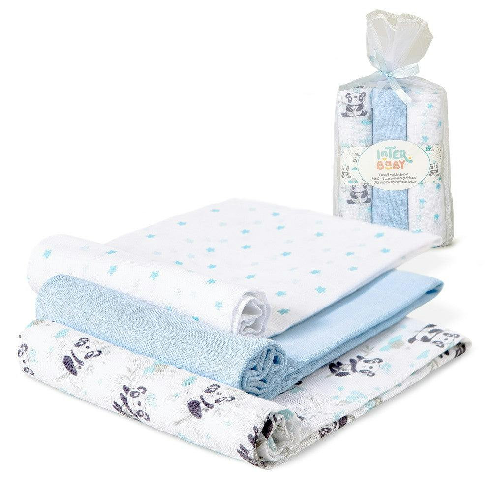 Embroidered 100% cotton diapers pack of 3 blue