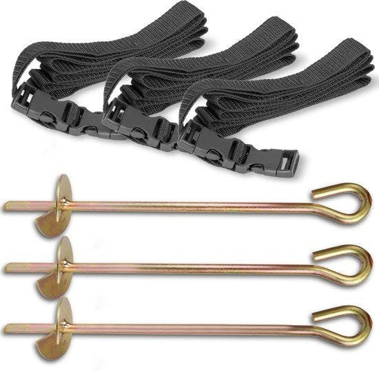 Trampoline fixing kit with posts, straps and stakes (3-piece set)