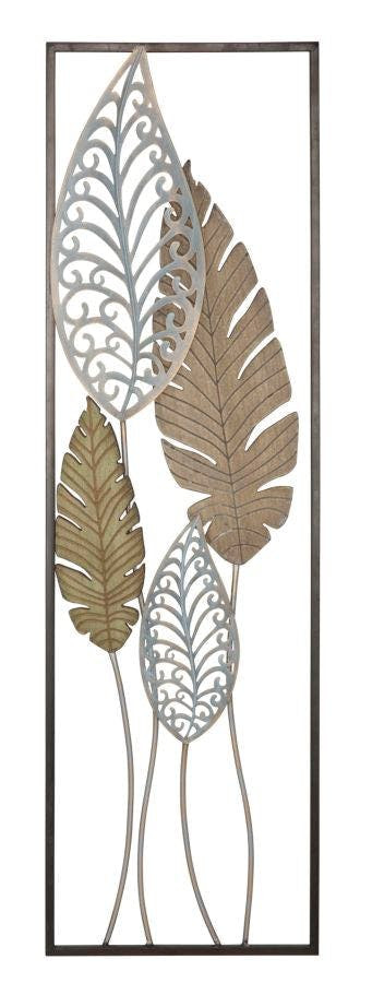 Panel decorativo en metal y madera con hojas 30,5x2,5x99,5 cm