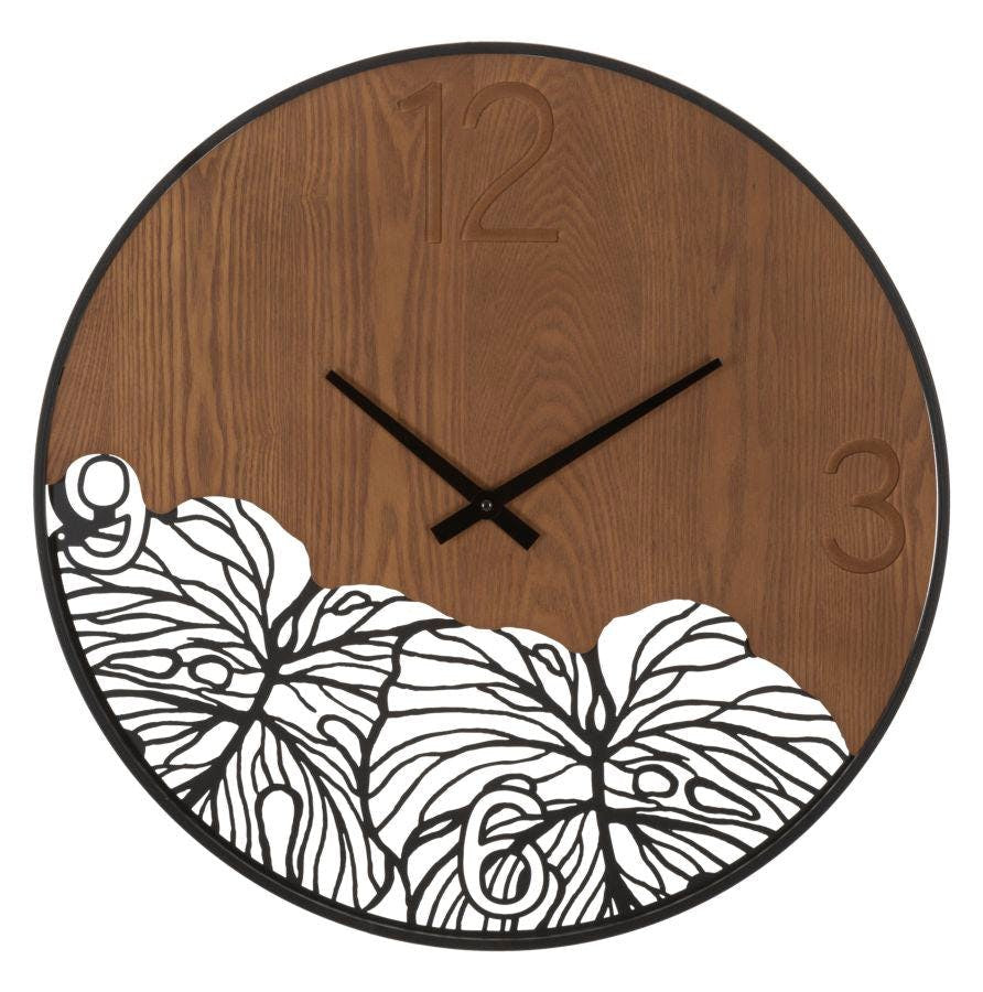 Reloj de pared redondo madera y metal con hojas ø 60 cm