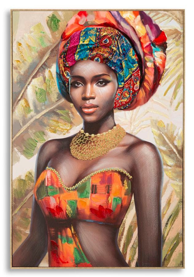 Canvas painting with wooden frame and gold metal trim