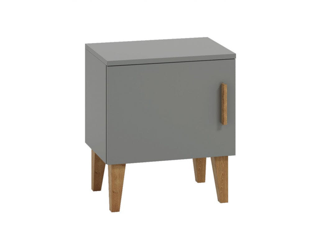 Mesita Kubi Grey en tablero con patas de roble