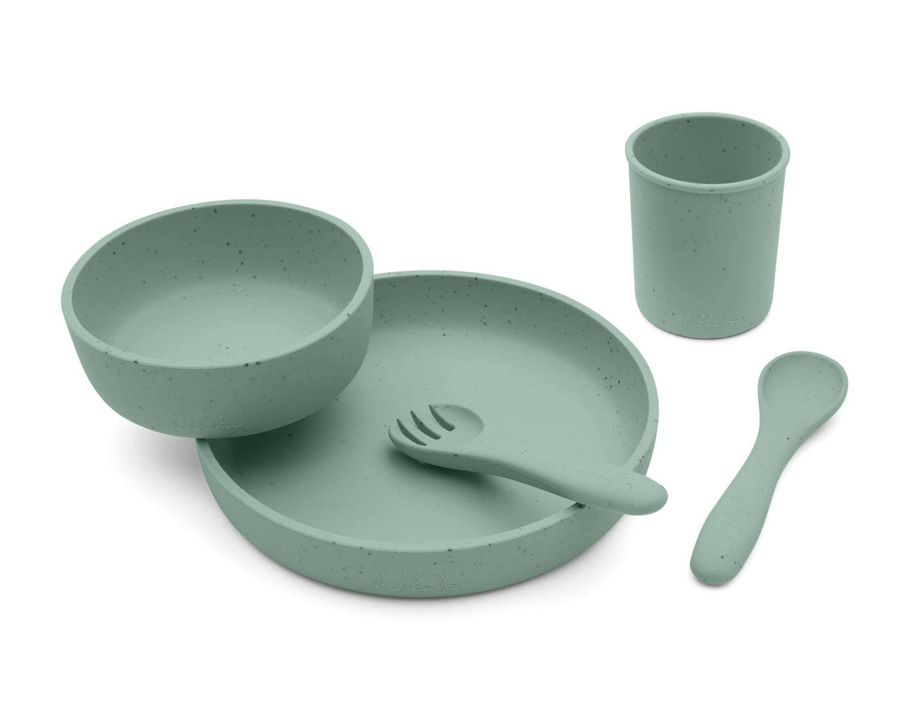 5-piece platinum silicone baby dish set - plate, bowl, cup, fork and spoon (sage)