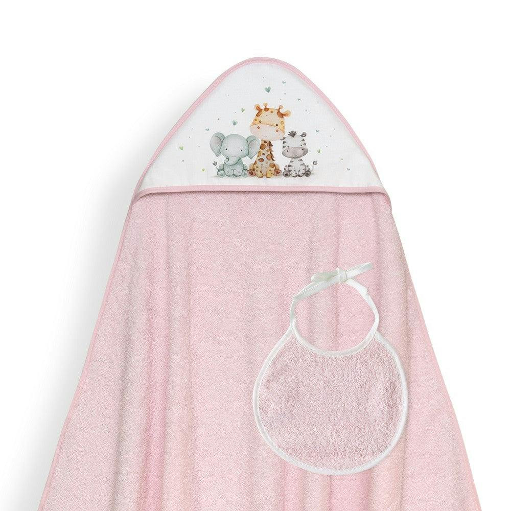 Toalla y babero con estampado jirafa y elefante rosa