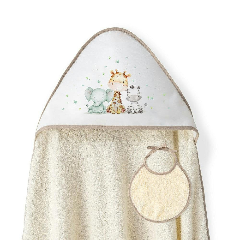 Hooded towel and bib set with giraffe and elephant pattern beige