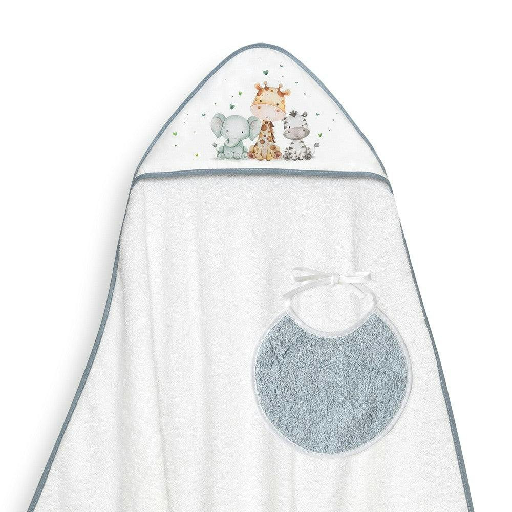 Toalla de baño y babero con estampado de jirafa y elefante azul oscuro
