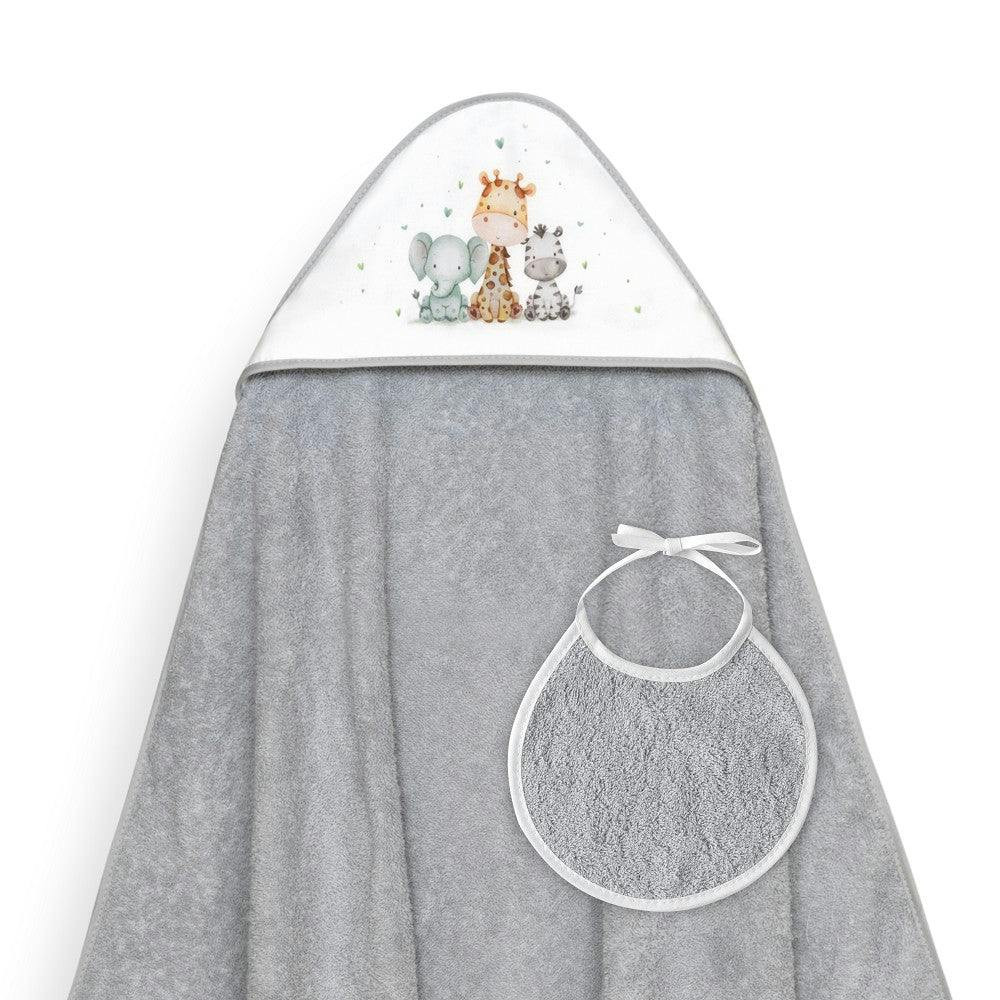 Toalha de banho 100X100 + Babete Jirafa Elefante Cinza  Interbaby