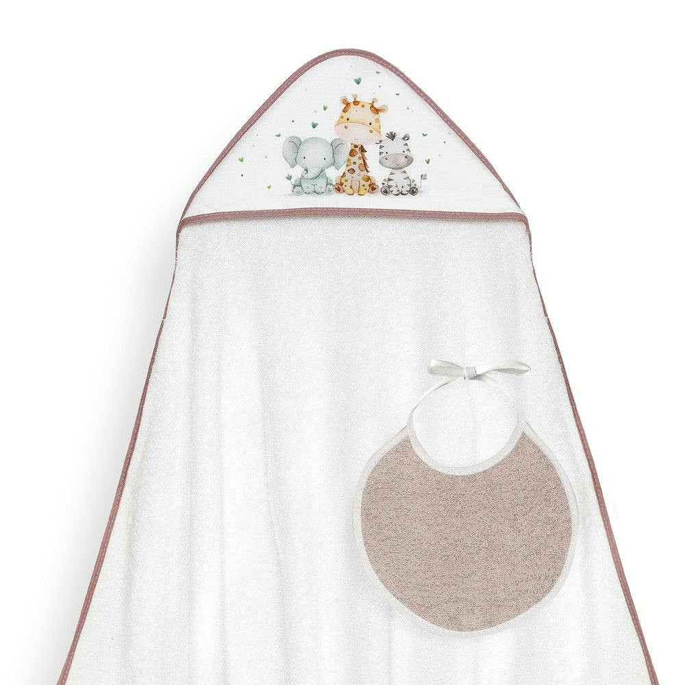 Toalla de baño y babero jirafa y elefante rosa oscuro