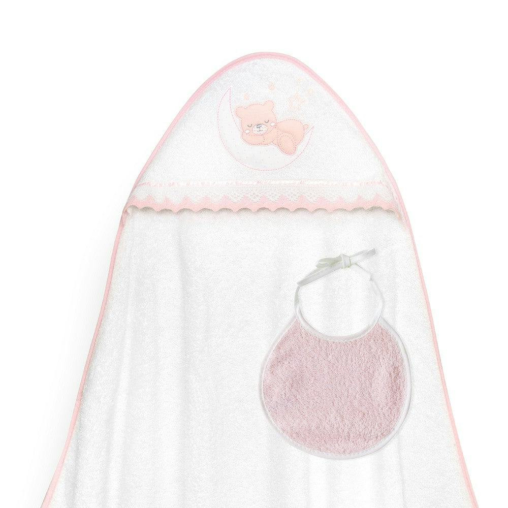 Hooded bath towel and bib Osito Luna pink guipure