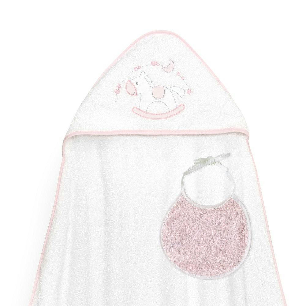Toalla de baño con capucha y babero Caballito rosa