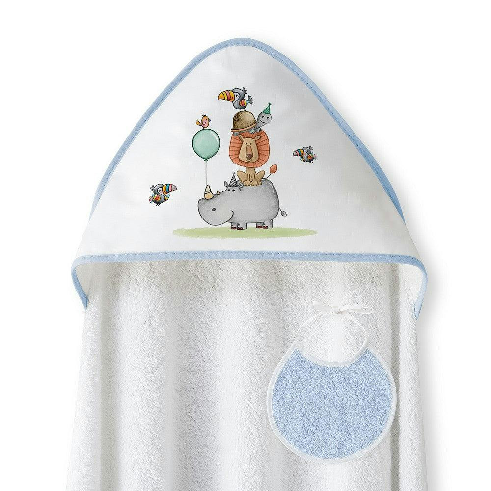 Toalla con capucha y babero diseño león azul