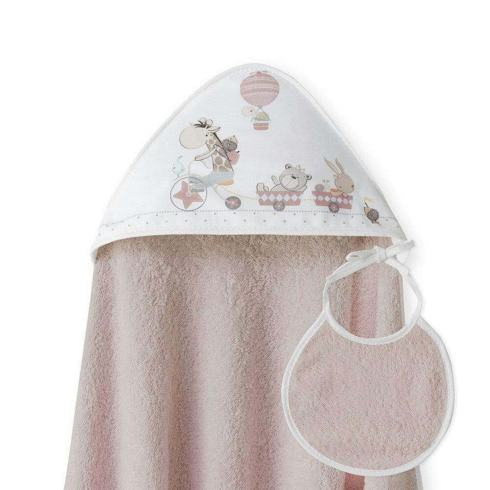 Toalla de baño con capucha y babero jirafa bicicleta rosa oscuro