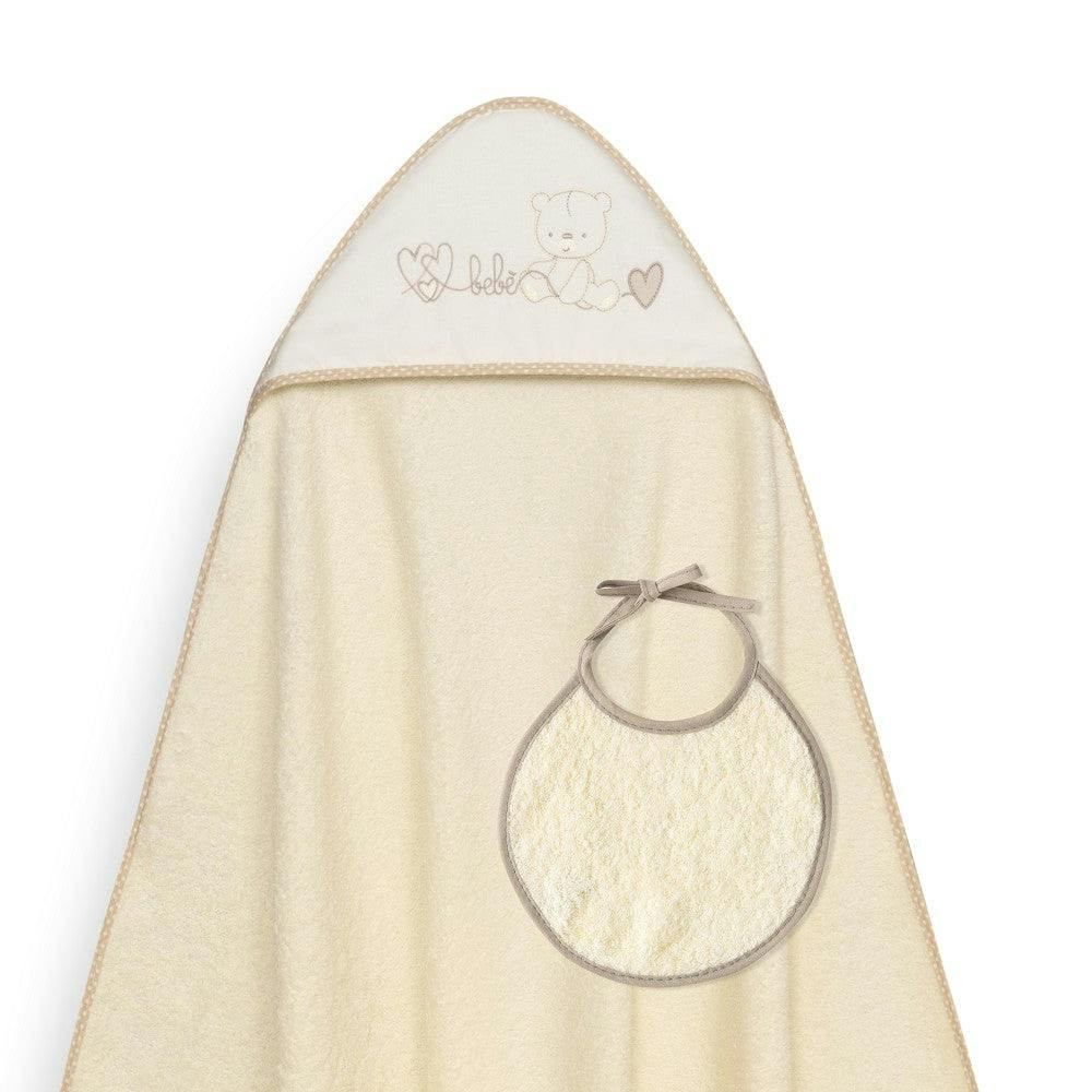 Toalla y babero Corazones Osito beige