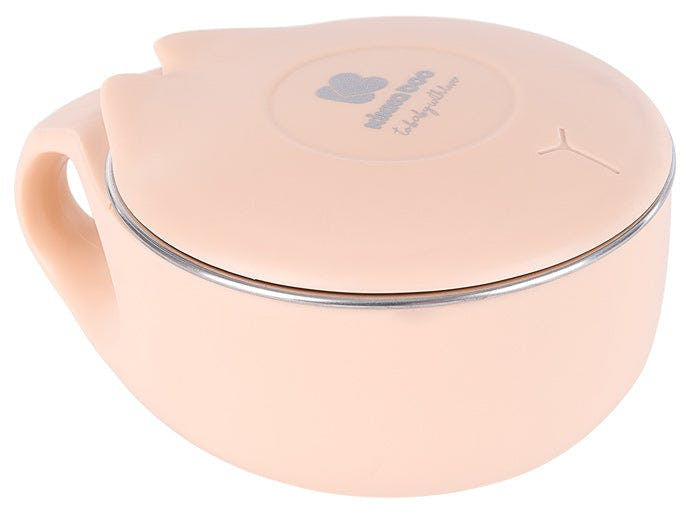 Stainless steel baby bowl with cat design - pink