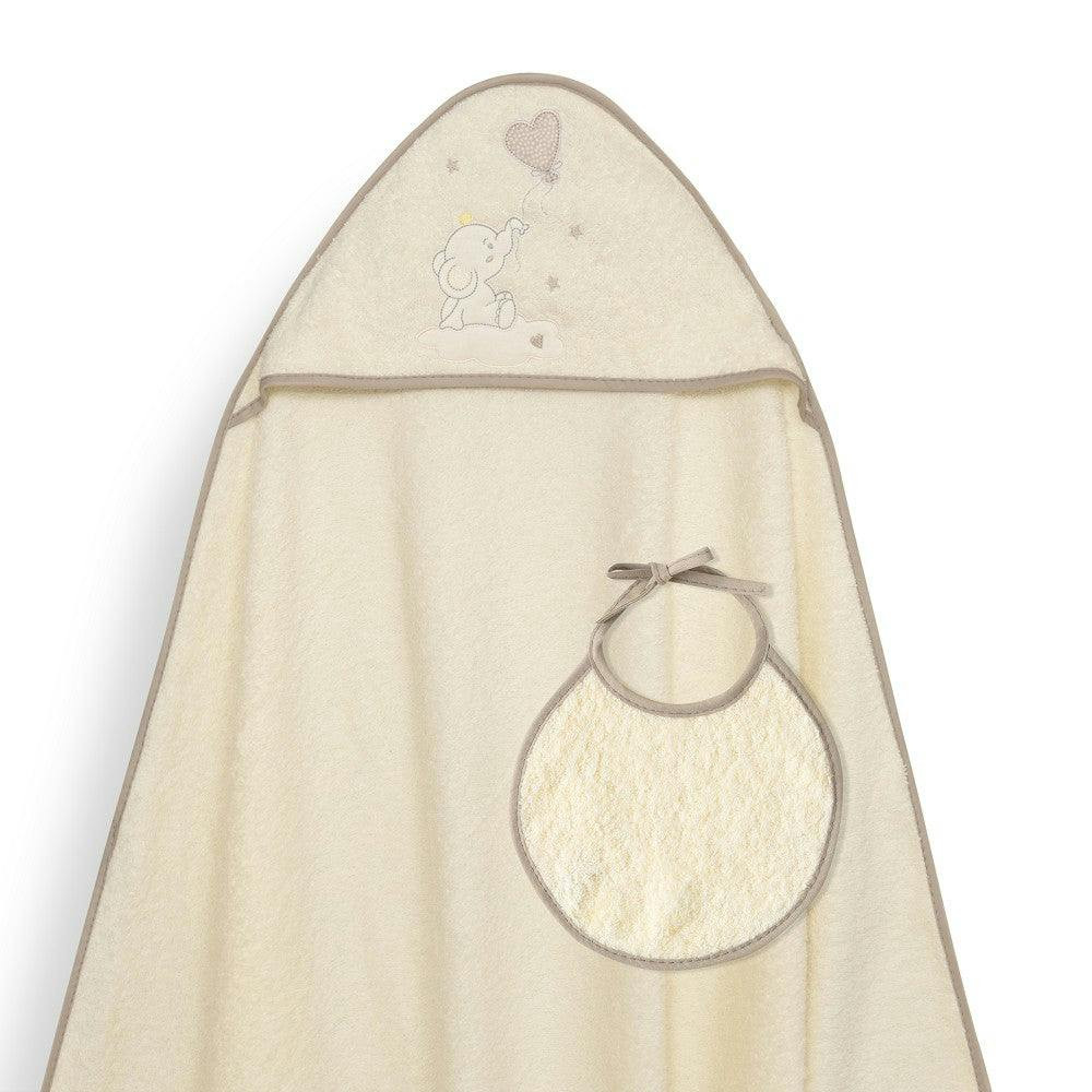 Toalla con capucha y babero Globo Corazón beige