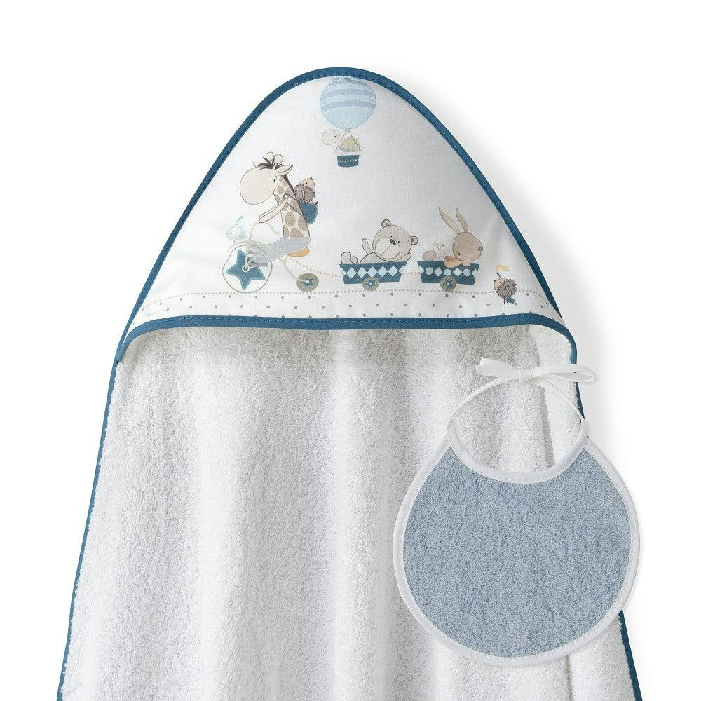 Toalla de baño con capucha 100x100 cm y babero con estampado de jirafa y bicicleta