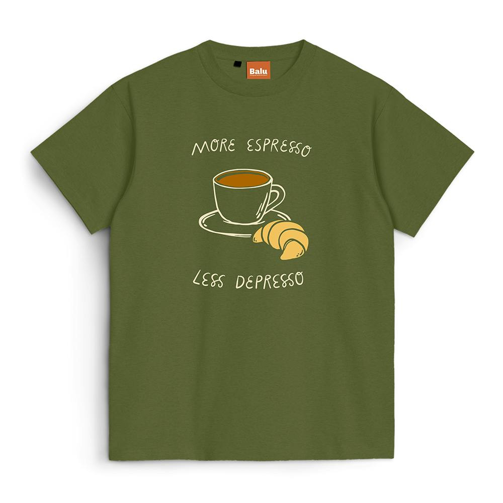 T-shirt with "More Espresso, Less Depresso" print