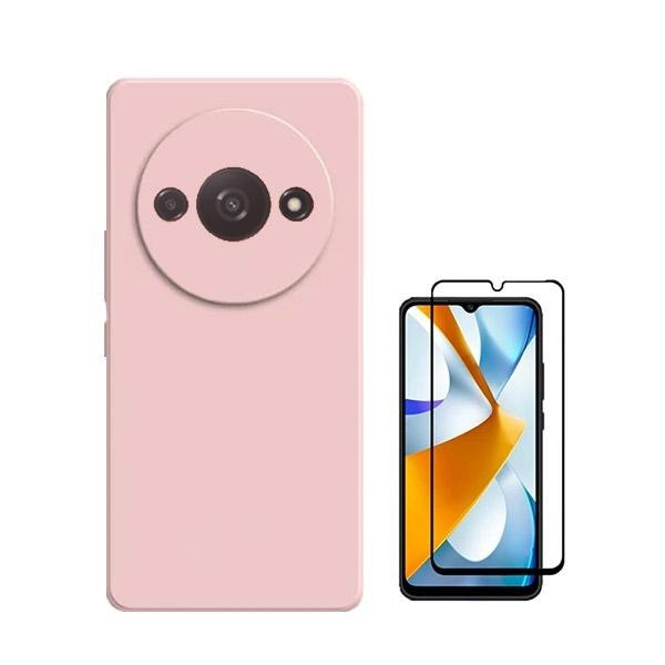 Vidrio templado 5D y funda de silicona líquida para Redmi A3 - Rosa
