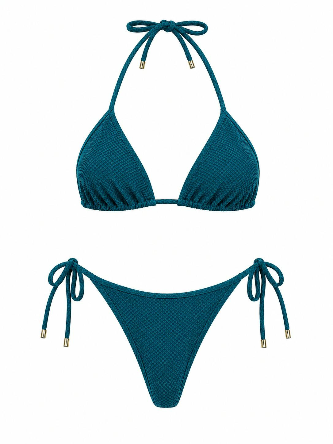 Bikini anudado lateral teal texturizado