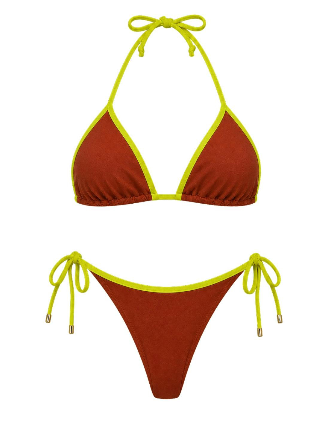Triangle side-tie bikini in terracotta and lime green