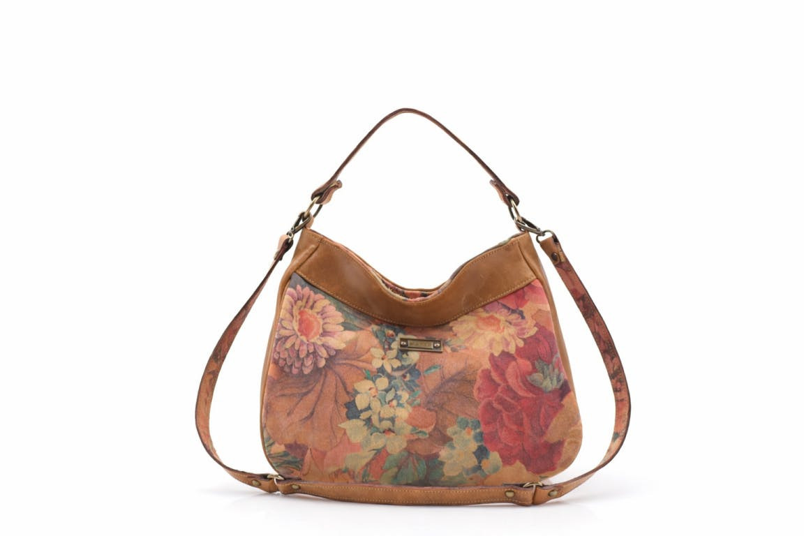 Bolso mediano de ante con estampado floral