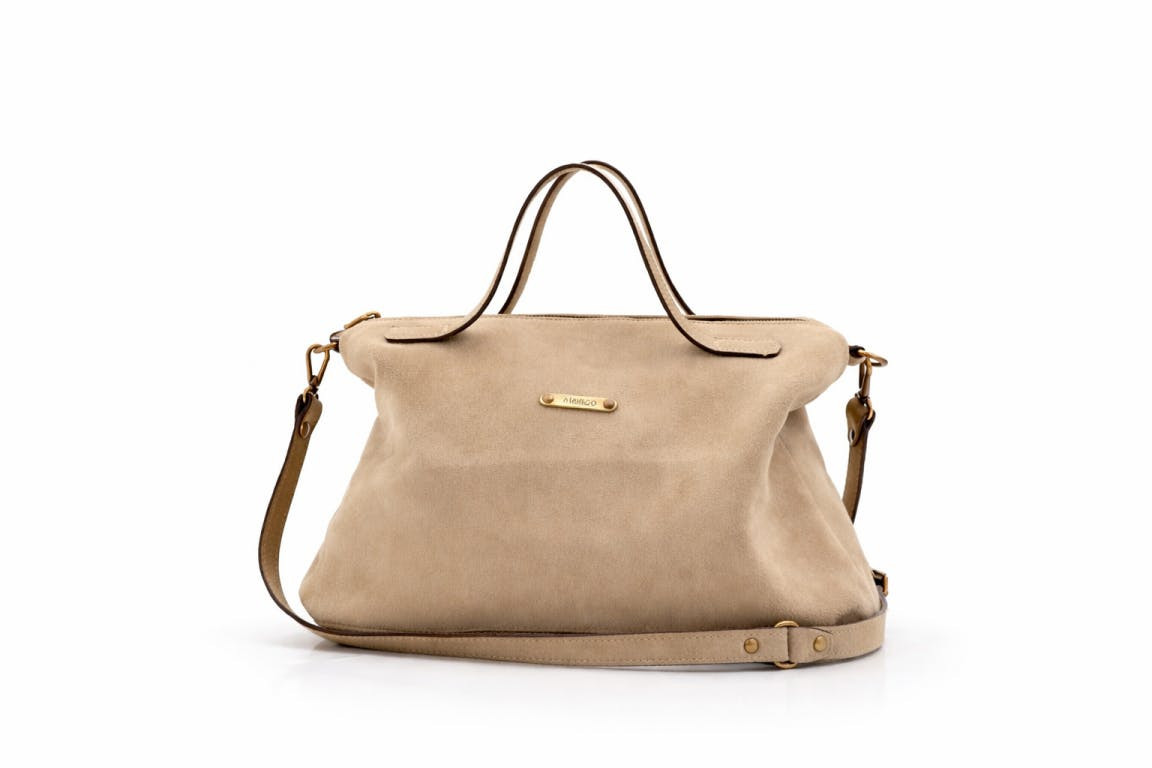 Medium suede bag with two top handles and removable shoulder strap