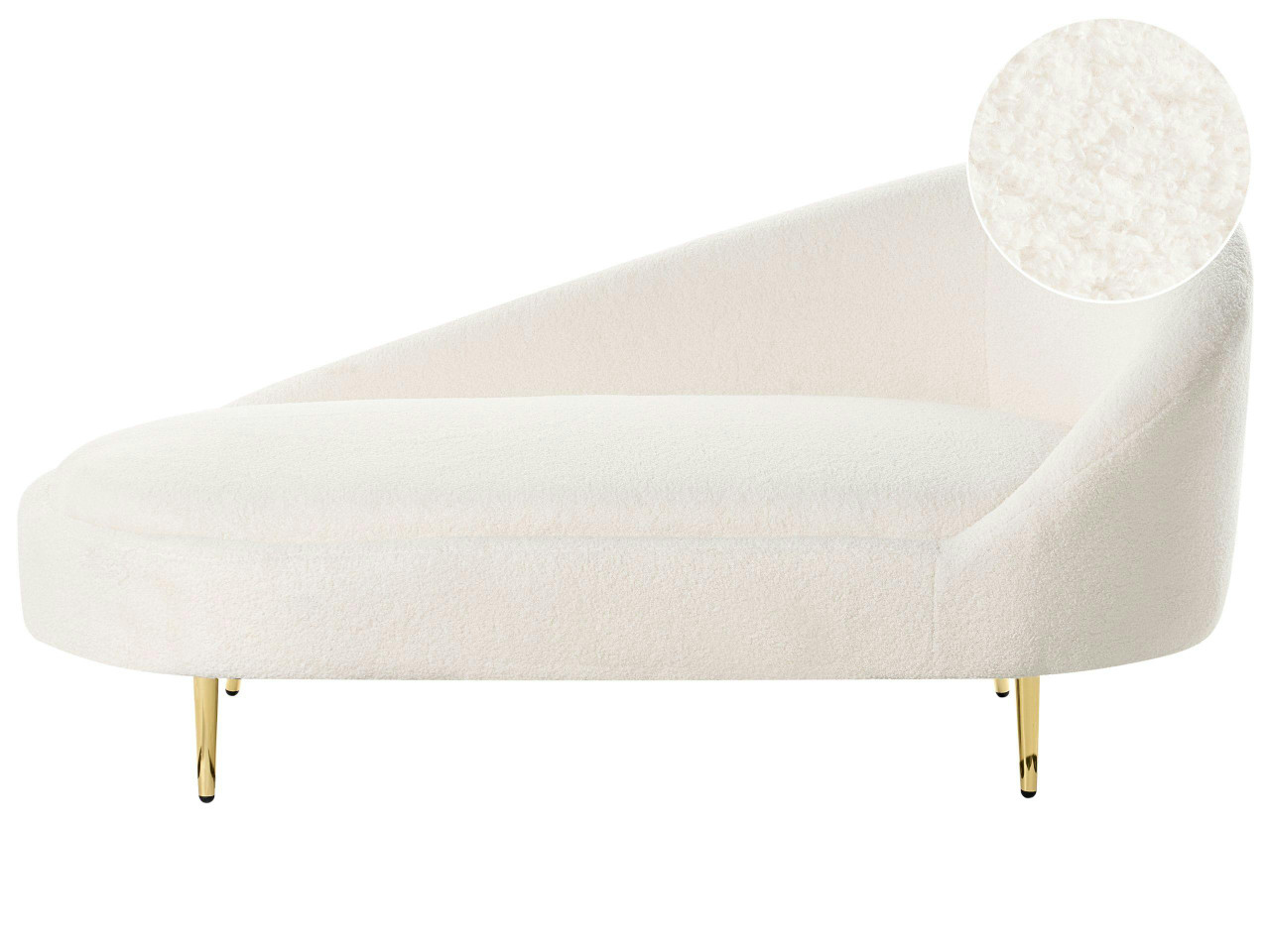 Chaise longue Valreas bouclé blanco crema con patas doradas