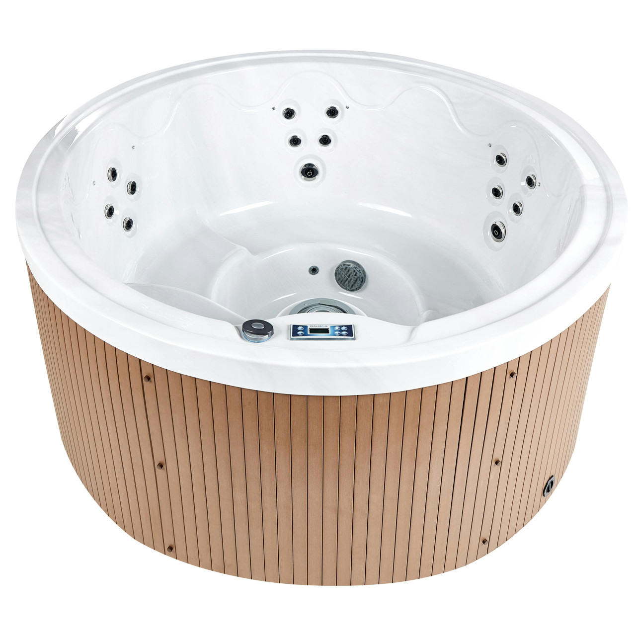 Bañera de hidromasaje redonda para 5 personas en acrílico con paneles de acero inoxidable