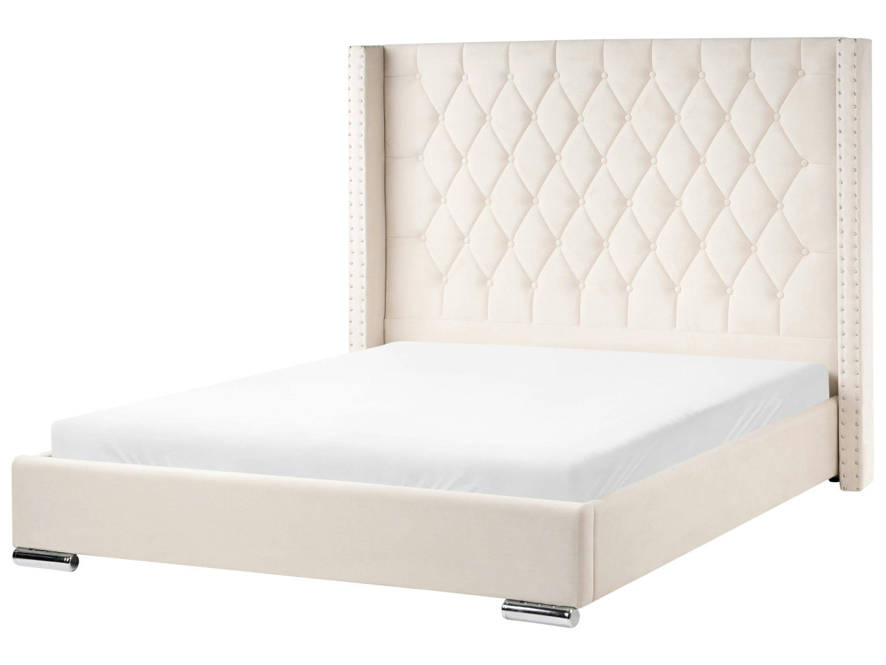 Cama Veludo LUBBON 160 x 200 cm Branco creme