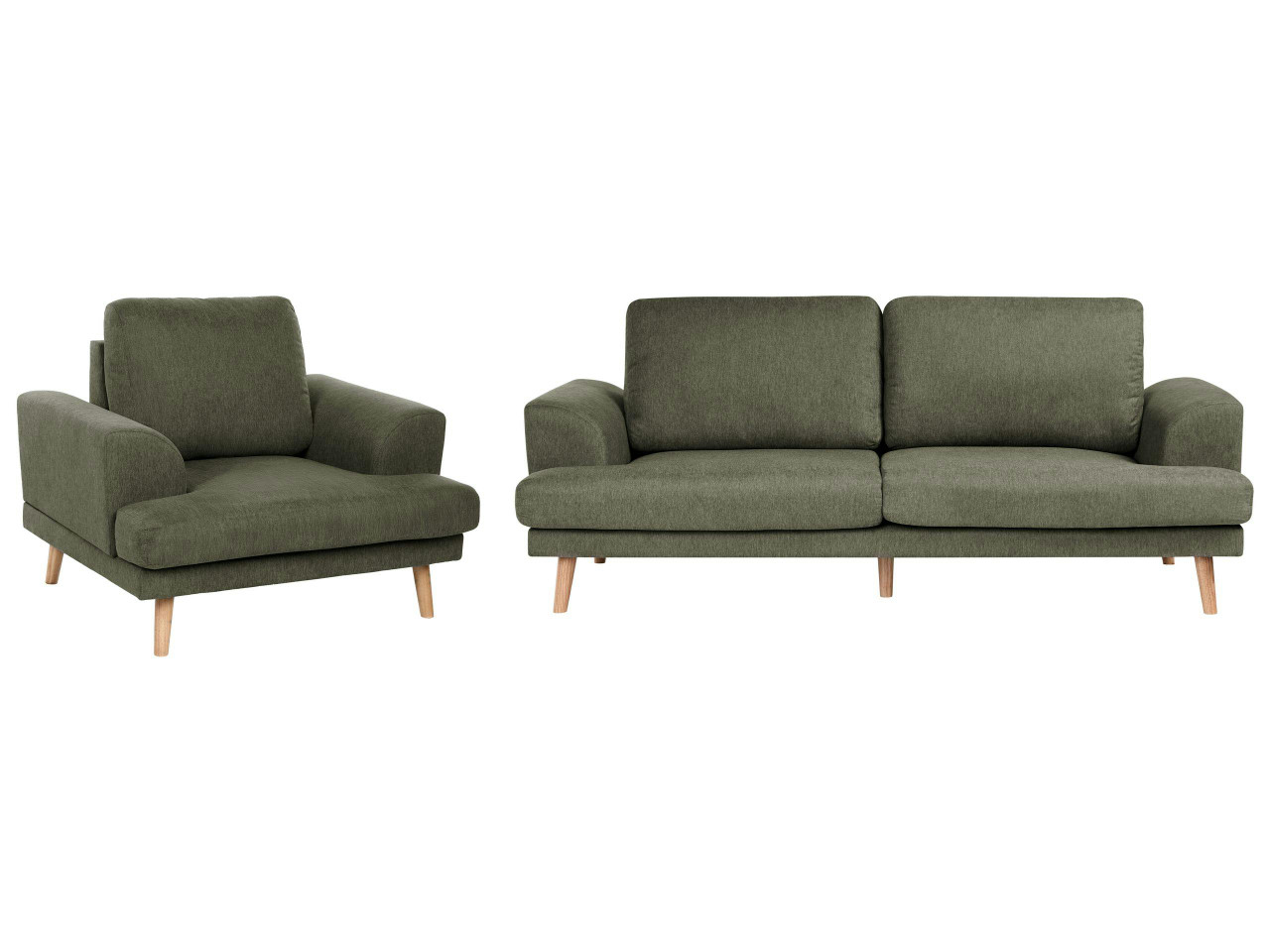 Conjunto 2 piezas sofá 3 plazas y butaca en tejido verde con patas de madera