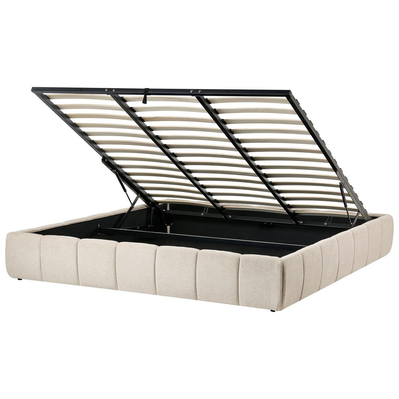 Double bed frame with lift-up storage cream fabric