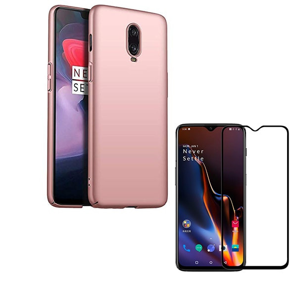 Vidrio templado 5D full cover y funda SlimShield para OnePlus 6T - Rosa