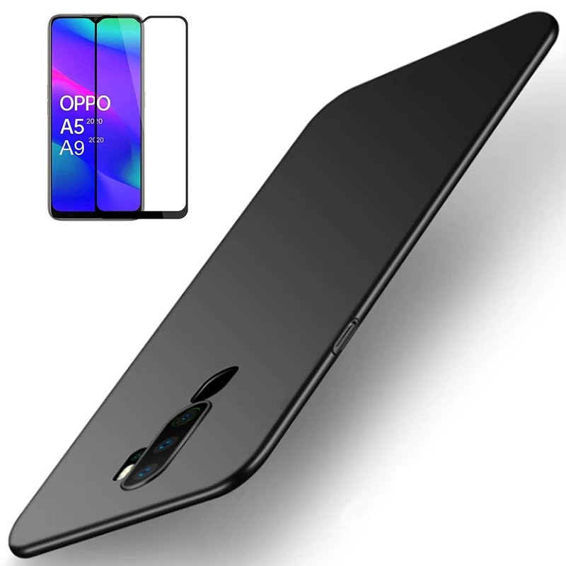 Vidrio templado full cover 5D y funda SlimShield para Oppo A5 2020 A9 2020 Negro