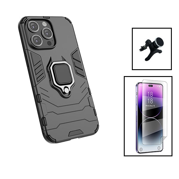 Military Defender 3-in-1 Case with Hydrogel Full Cover and Magnetic Car Mount for iPhone 15 Pro Max