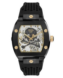 Relógio automático skeleton PHILIPP PLEIN com caixa de 44 mm em aço inoxidável, vidro mineral, bracelete em silicone e resistência à água de 5 ATM. Fecho de fivela com pinos. Inclui caixa e documentação.