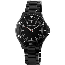 Relógio analógico Excellanc em metal com caixa e pulseira metálica, mostrador preto, vidro mineral, movimento de quartzo e fecho em aço inoxidável. Design clássico e resistente para uso diário.