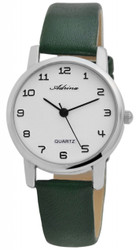 Relógio Adrina analógico de 3 ponteiros com movimento de quartzo. Caixa metálica de 29 mm com vidro mineral e fundo em aço inoxidável. Bracelete em pele sintética verde de 14 mm com fecho de pino. Comprimento aproximado da bracelete: 21 cm. Mostrador com índices e ponteiros pretos. Marca: Adrina.