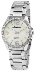 Relógio analógico de senhora Adrina com movimento de quartzo. Caixa metálica de 40 mm com acabamento em cristal e vidro mineral. Bracelete em aço inoxidável com fecho desdobrável; largura aprox. 22 mm, comprimento total 20 cm. Tampa traseira em aço inoxidável. Modelo AR0005.