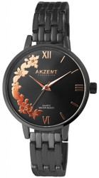 Relógio Akzent feminino analógico de 3 ponteiros com movimento de quartzo. Caixa e bracelete em aço inoxidável com vidro mineral. Diâmetro da caixa: 38 mm; espessura: 8 mm. Bracelete com fecho dobrável (14 mm de largura, comprimento 20 cm). Fundo da caixa em aço inoxidável. Resistência à água: 3 bar. Mostrador com motivos florais.